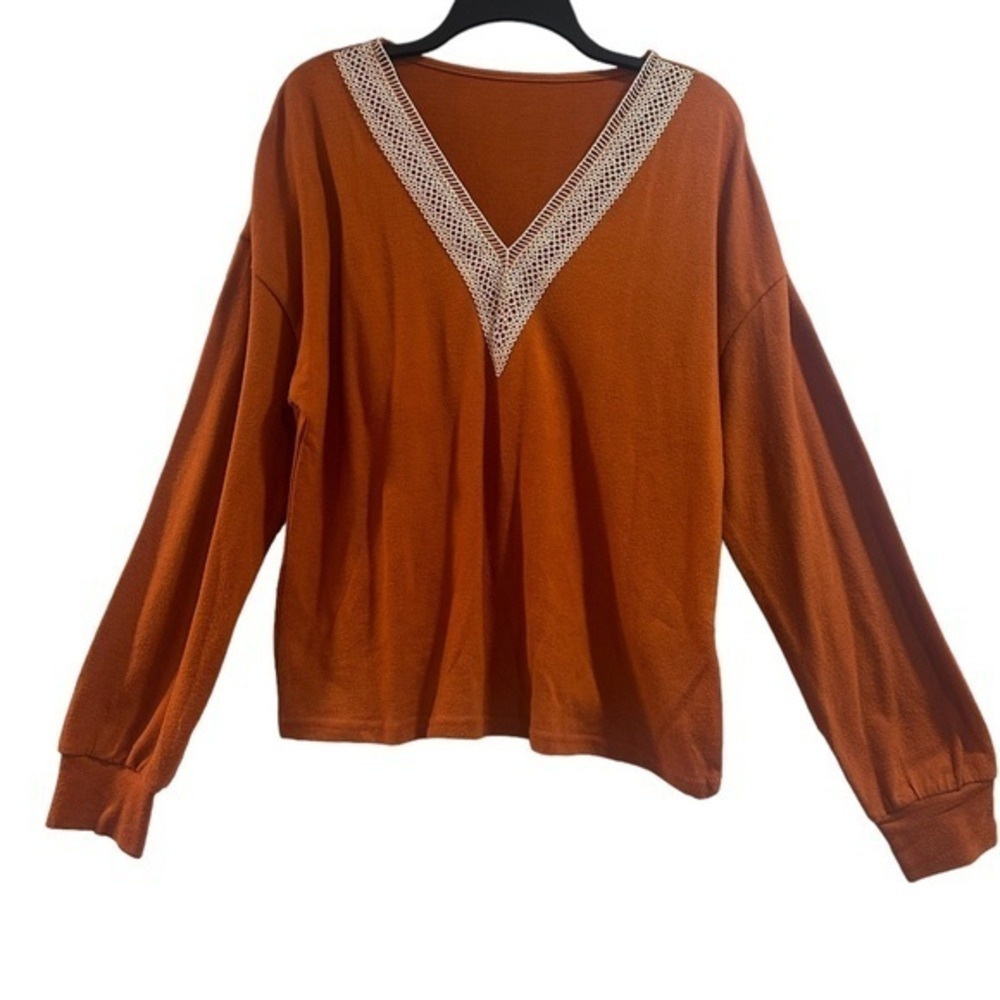 Orange Rust V-Neck Crochet Long Sleeve Shirt Women’s Sweater Fall Top Large